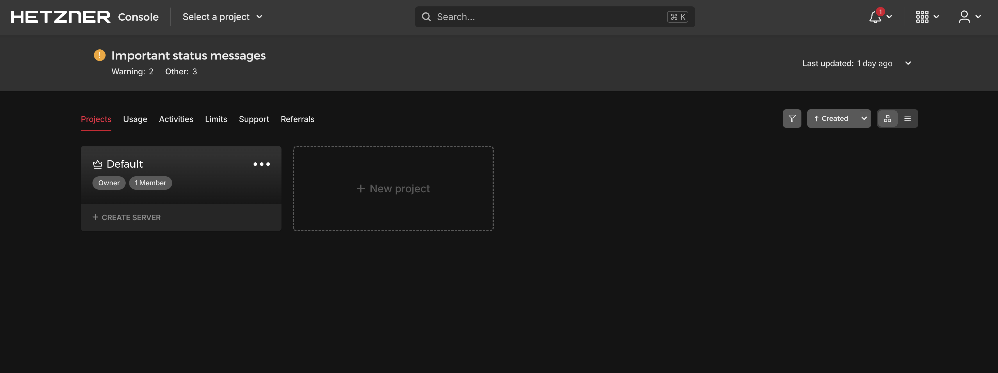 Hetzner Console projects page showing Default project with Create Server option