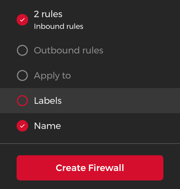 Create Firewall form showing inbound rules, outbound rules, apply to, labels, name, and Create Firewall button