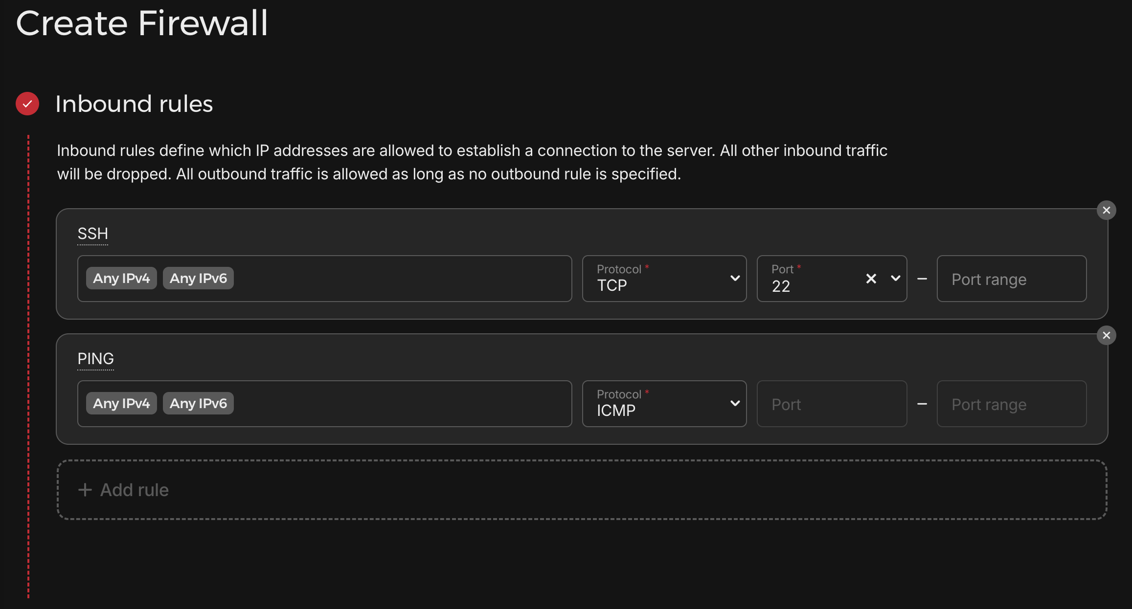 Create Firewall showing inbound rules: SSH (TCP port 22) and PING (ICMP)